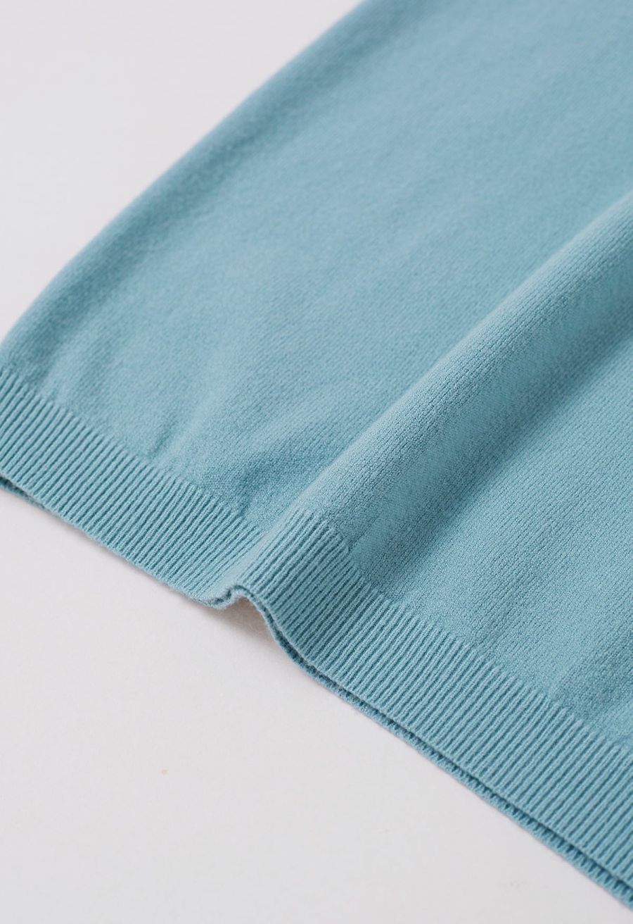 Solid Color Cap Sleeves Knit Top in Blue