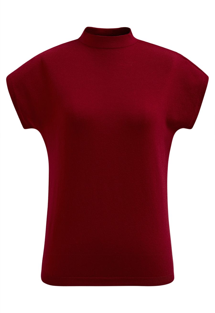 Solid Color Cap Sleeves Knit Top in Red