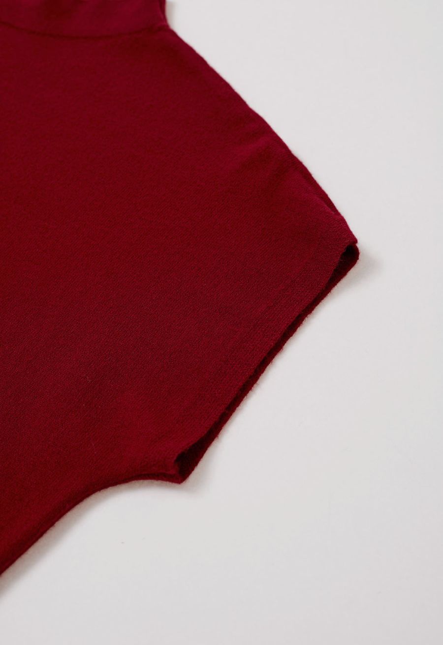 Solid Color Cap Sleeves Knit Top in Red