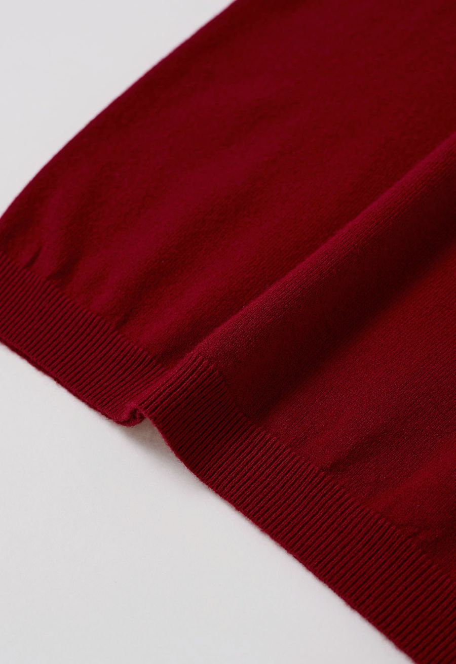 Solid Color Cap Sleeves Knit Top in Red