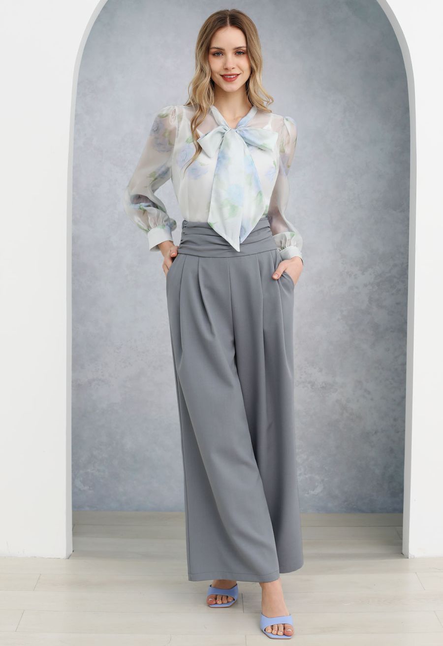 Ruched High Waist Pleated Wide-Leg Pants in Dusty Blue