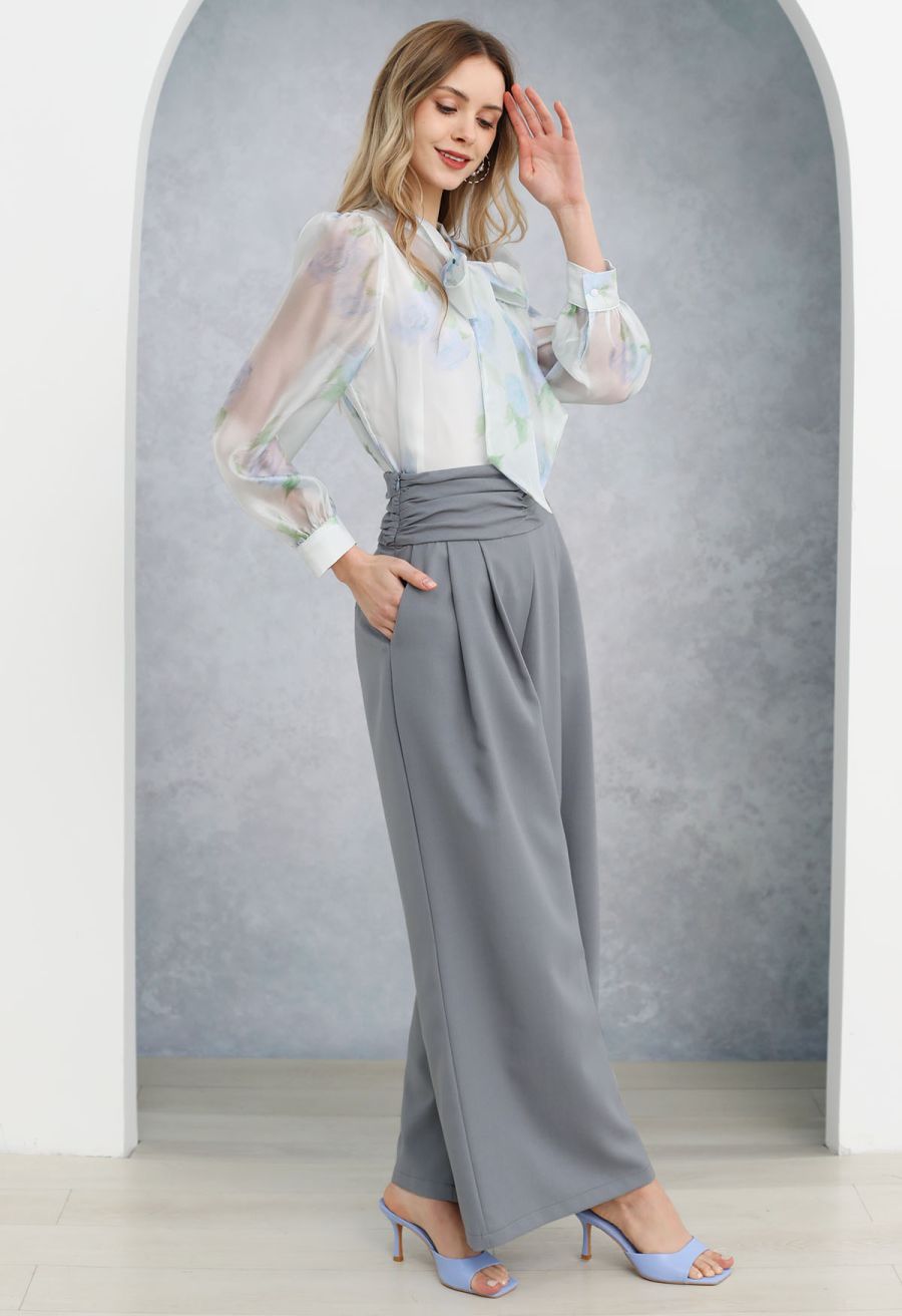 Ruched High Waist Pleated Wide-Leg Pants in Dusty Blue