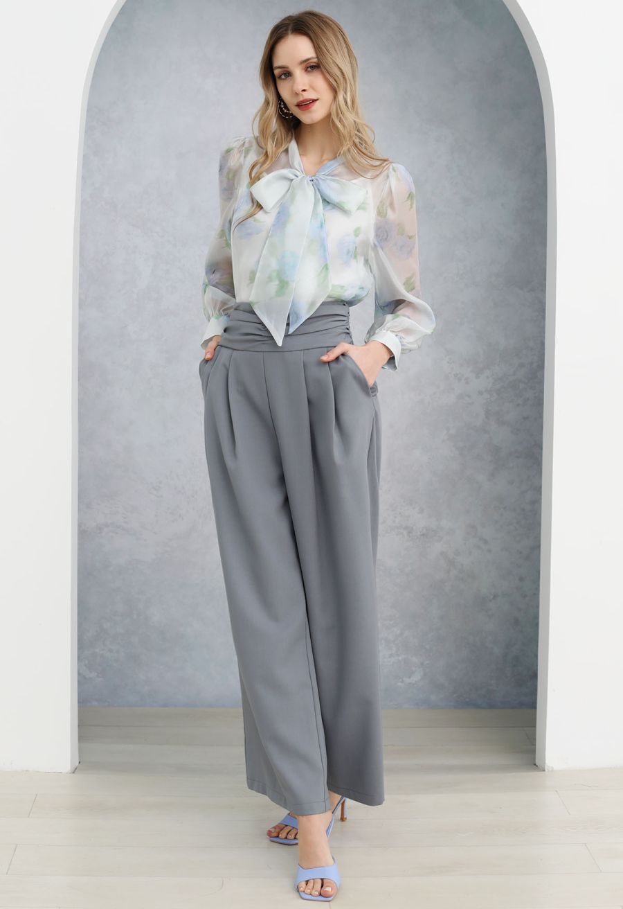 Ruched High Waist Pleated Wide-Leg Pants in Dusty Blue