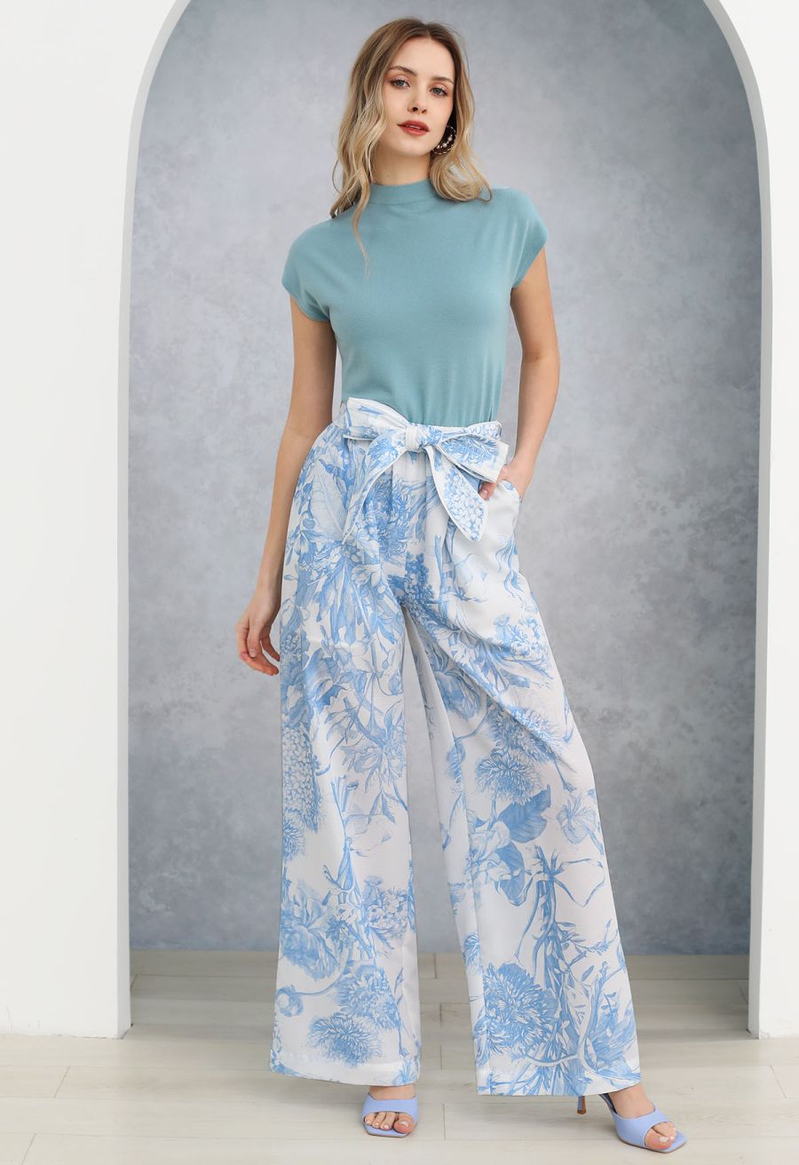 Solid Color Cap Sleeves Knit Top in Blue