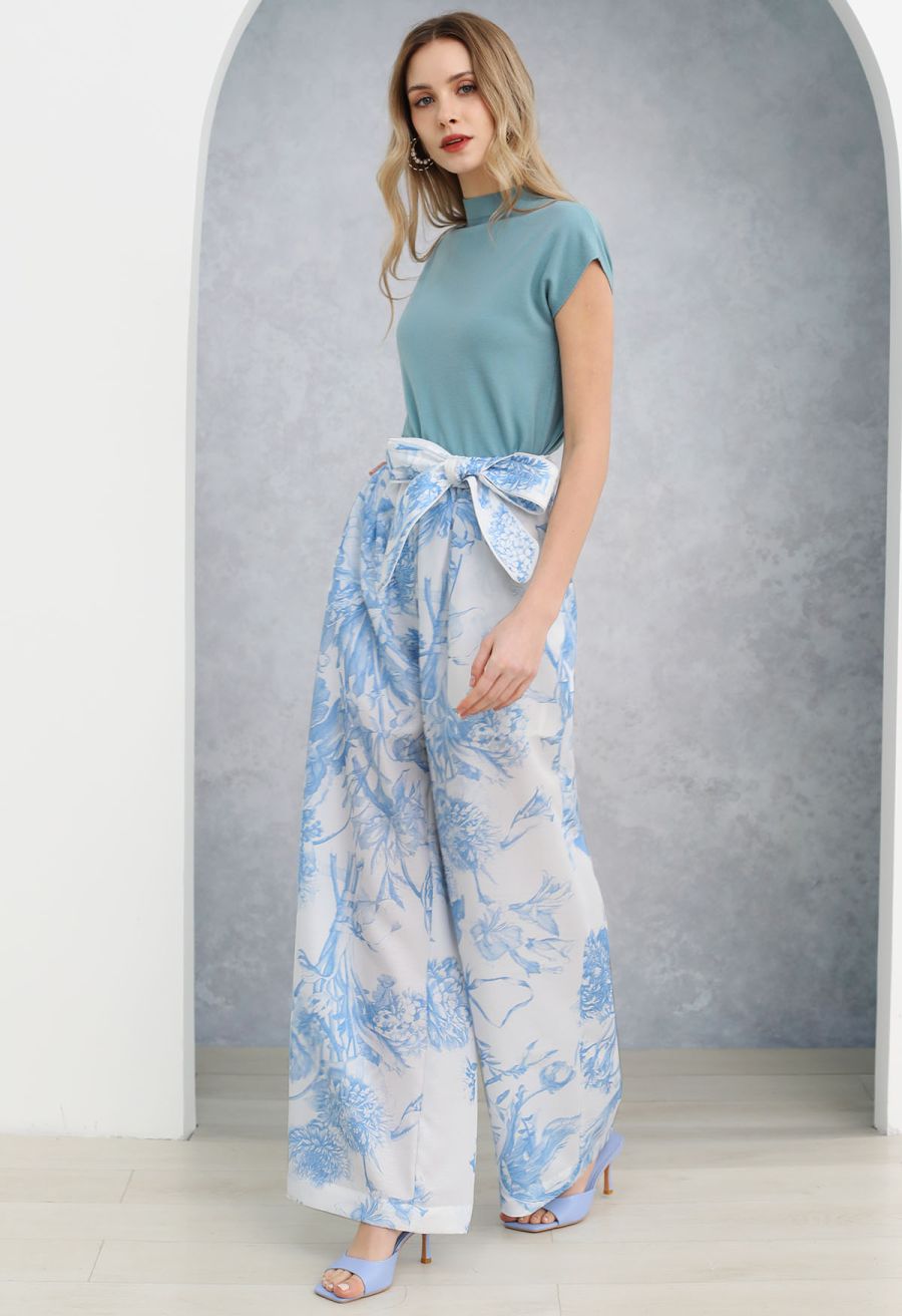 Solid Color Cap Sleeves Knit Top in Blue
