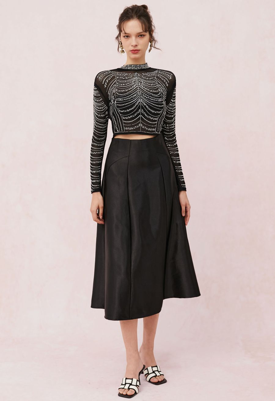Glossy A-Line Midi Skirt in Black