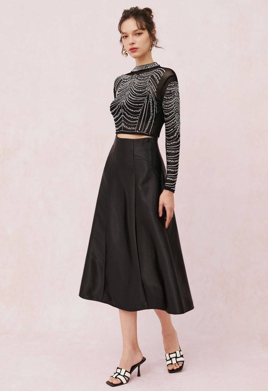 Glossy A-Line Midi Skirt in Black