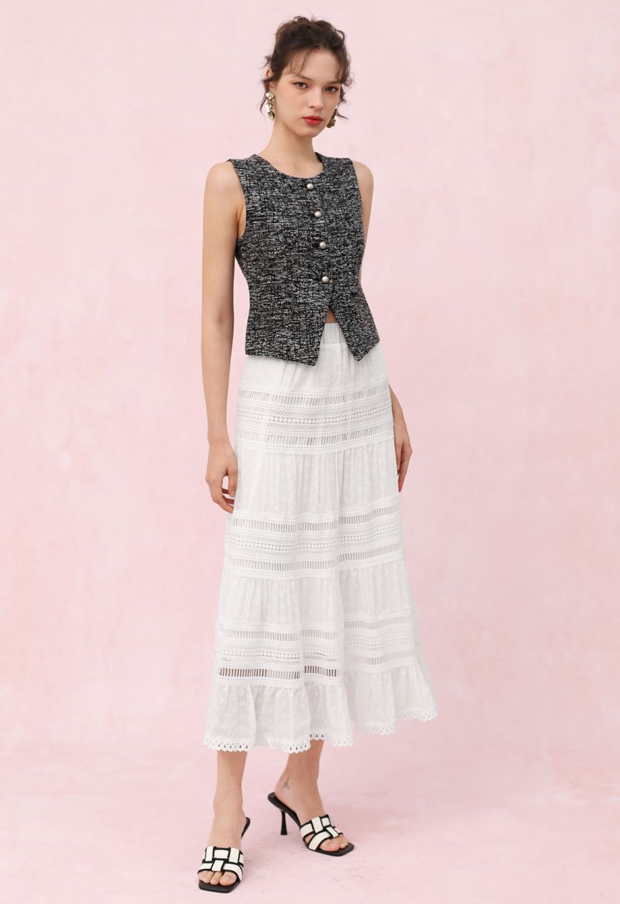 Eyelet Embroidery Cutwork Trim Maxi Skirt