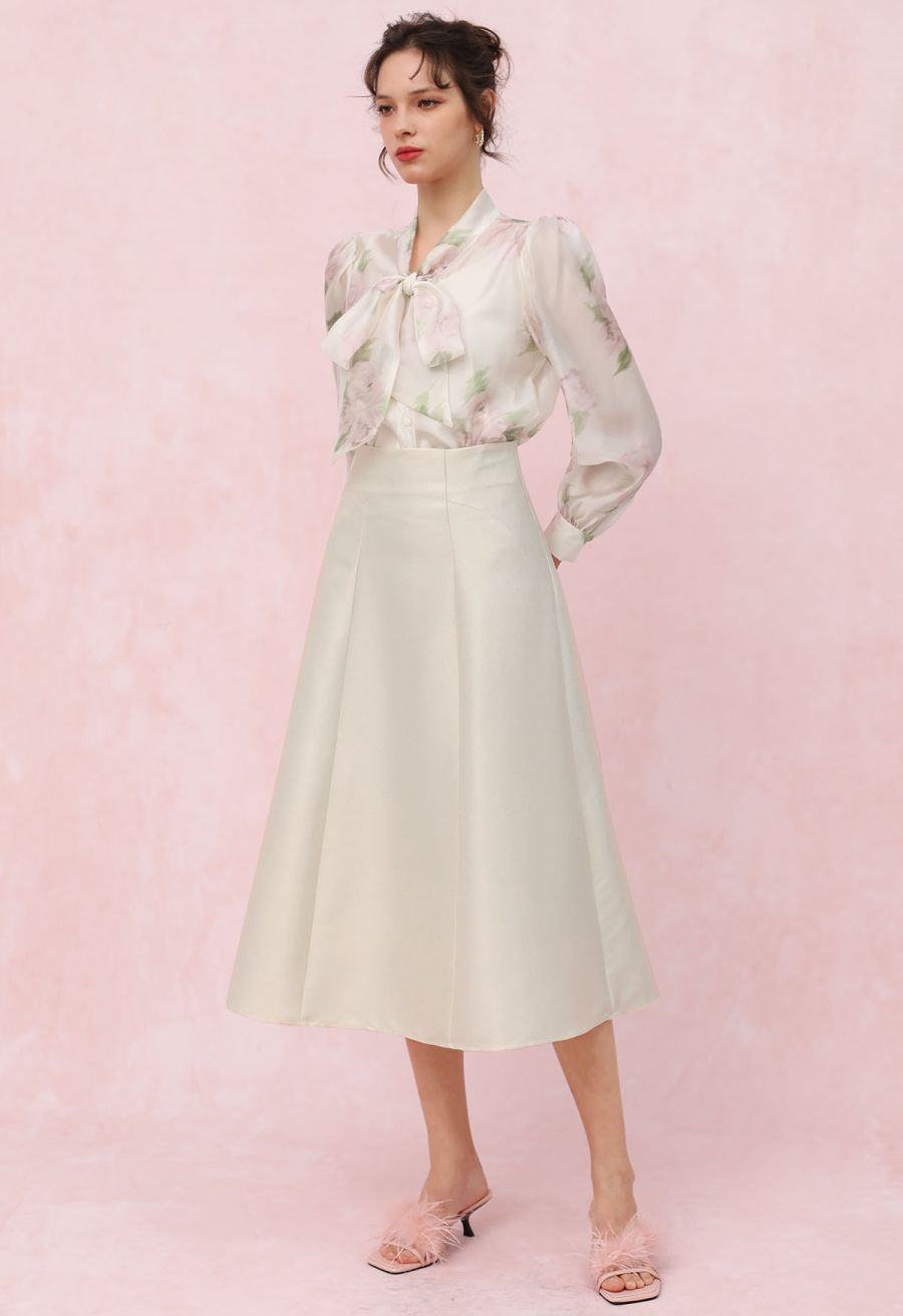 Glossy A-Line Midi Skirt in Cream