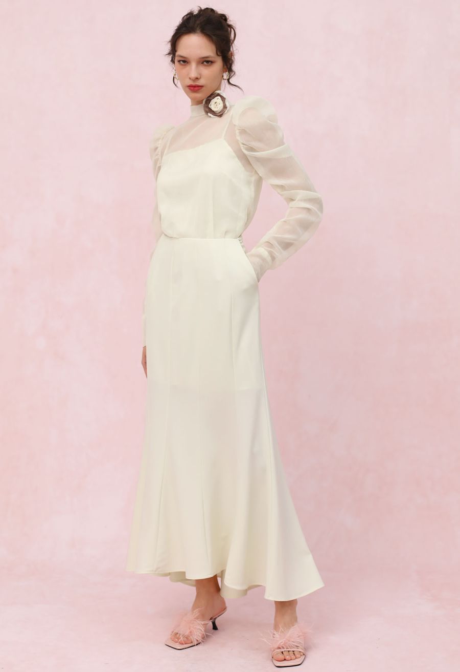 Seam Detailing Mermaid Maxi Skirt in Cream