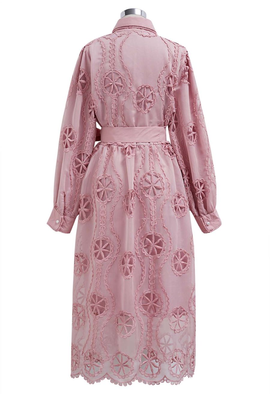 Cutwork Crochet Button Down Midi Dress in Pink