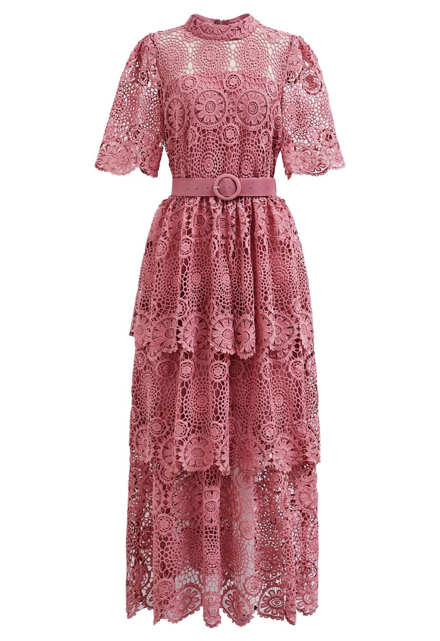 Cutwork Lace Belted Tiered Maxi Dress in Pink