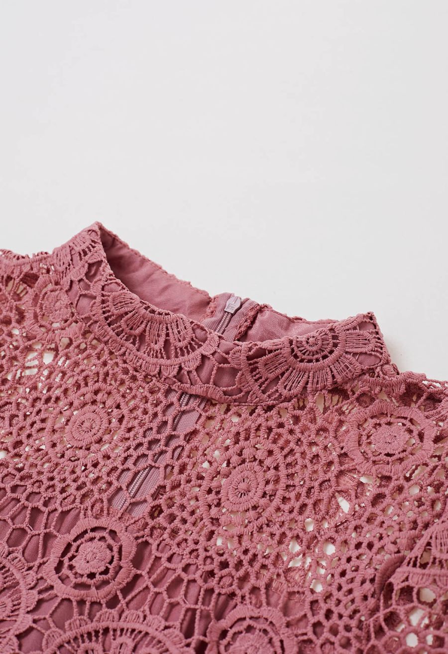 Cutwork Lace Belted Tiered Maxi Dress in Pink