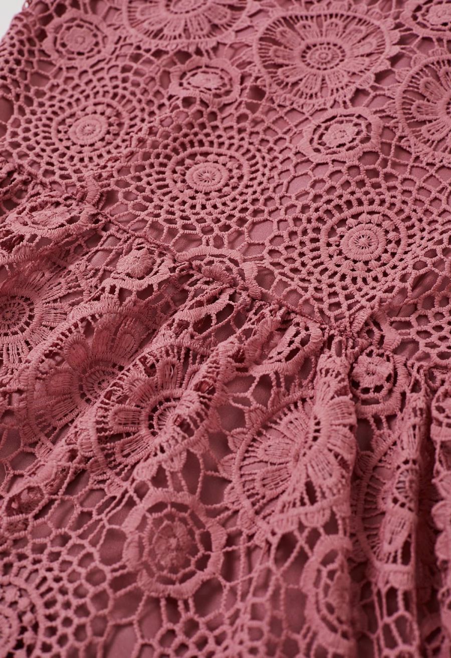 Cutwork Lace Belted Tiered Maxi Dress in Pink