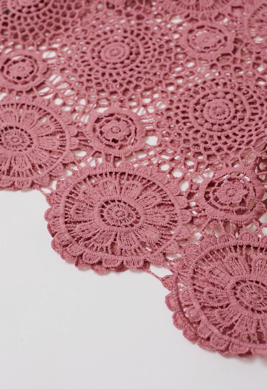 Cutwork Lace Belted Tiered Maxi Dress in Pink