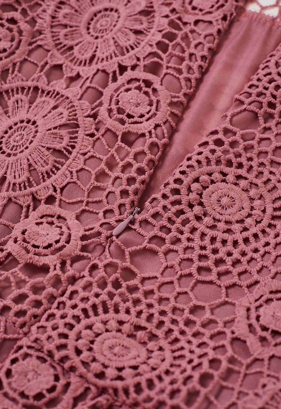 Cutwork Lace Belted Tiered Maxi Dress in Pink
