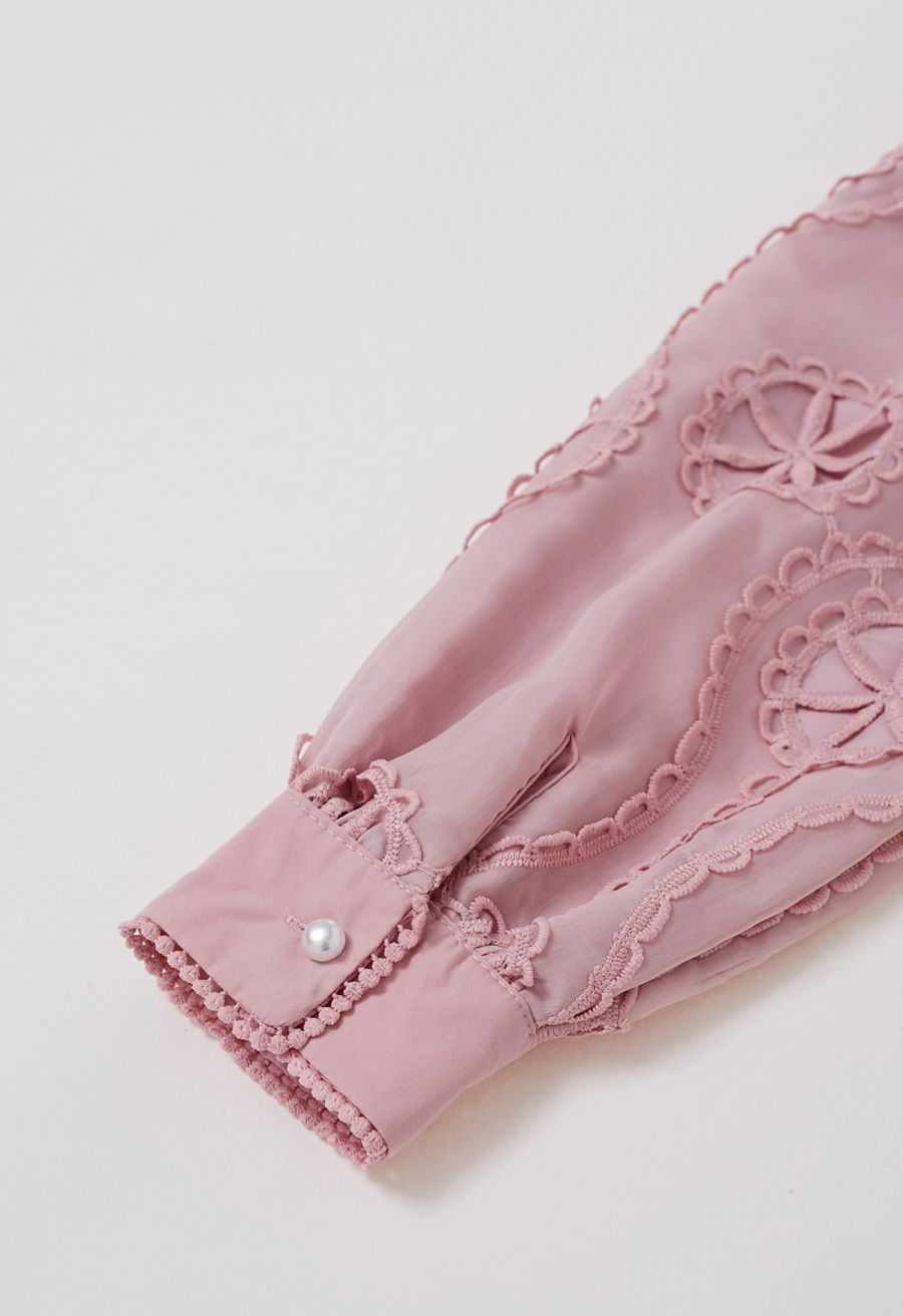 Cutwork Crochet Button Down Midi Dress in Pink