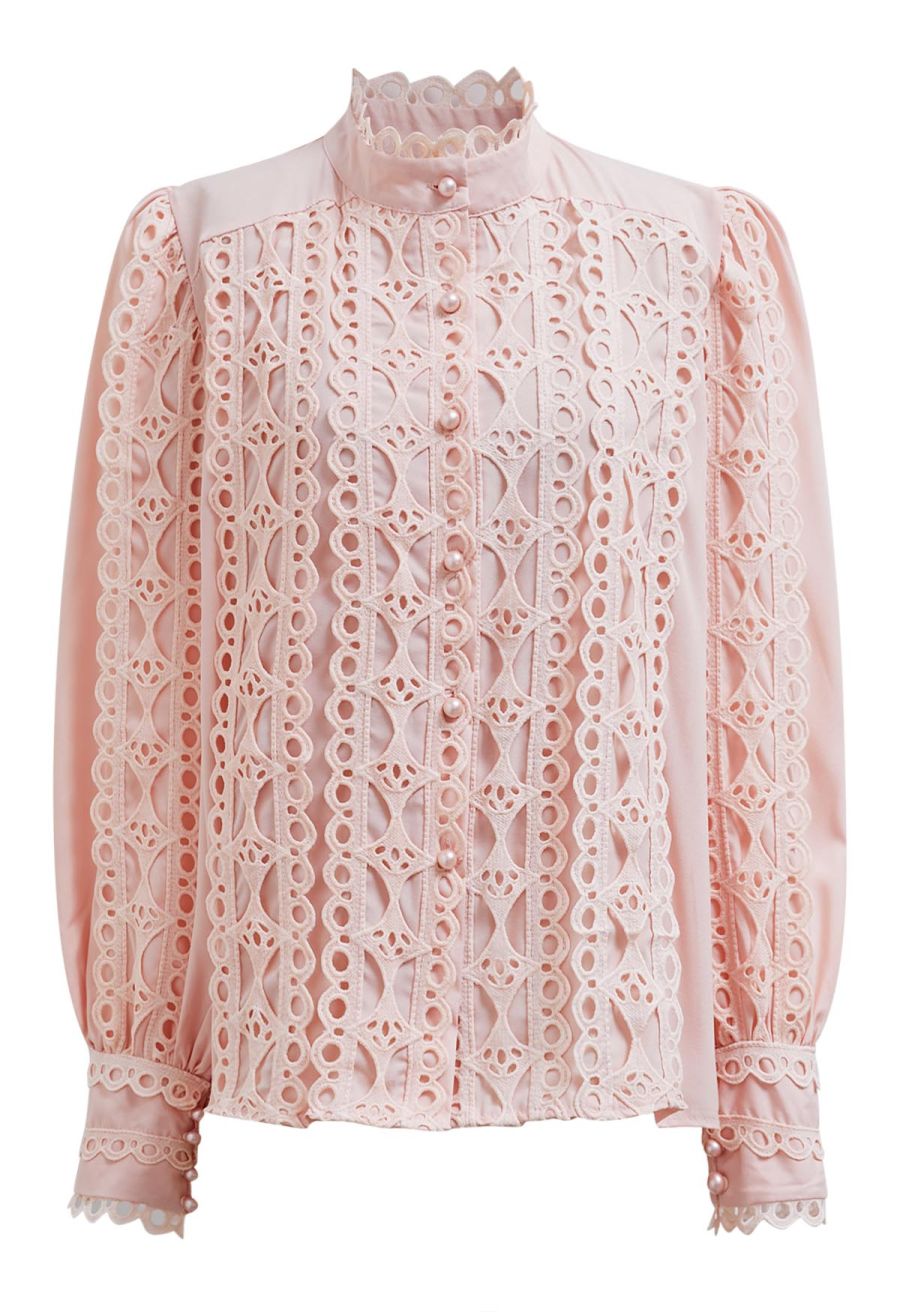 Exquisite Cutwork Bubble Sleeves Button-Up Shirt in Pink