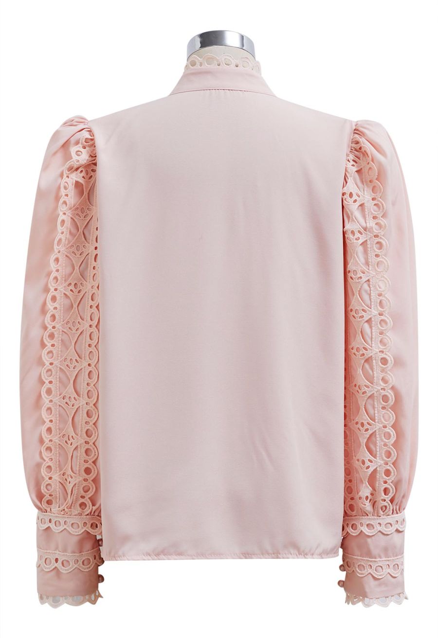 Exquisite Cutwork Bubble Sleeves Button-Up Shirt in Pink