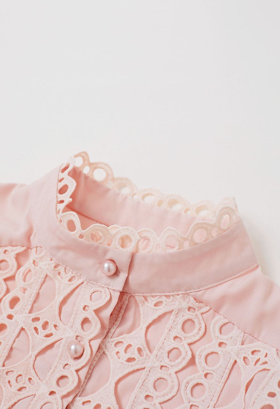 Exquisite Cutwork Bubble Sleeves Button-Up Shirt in Pink