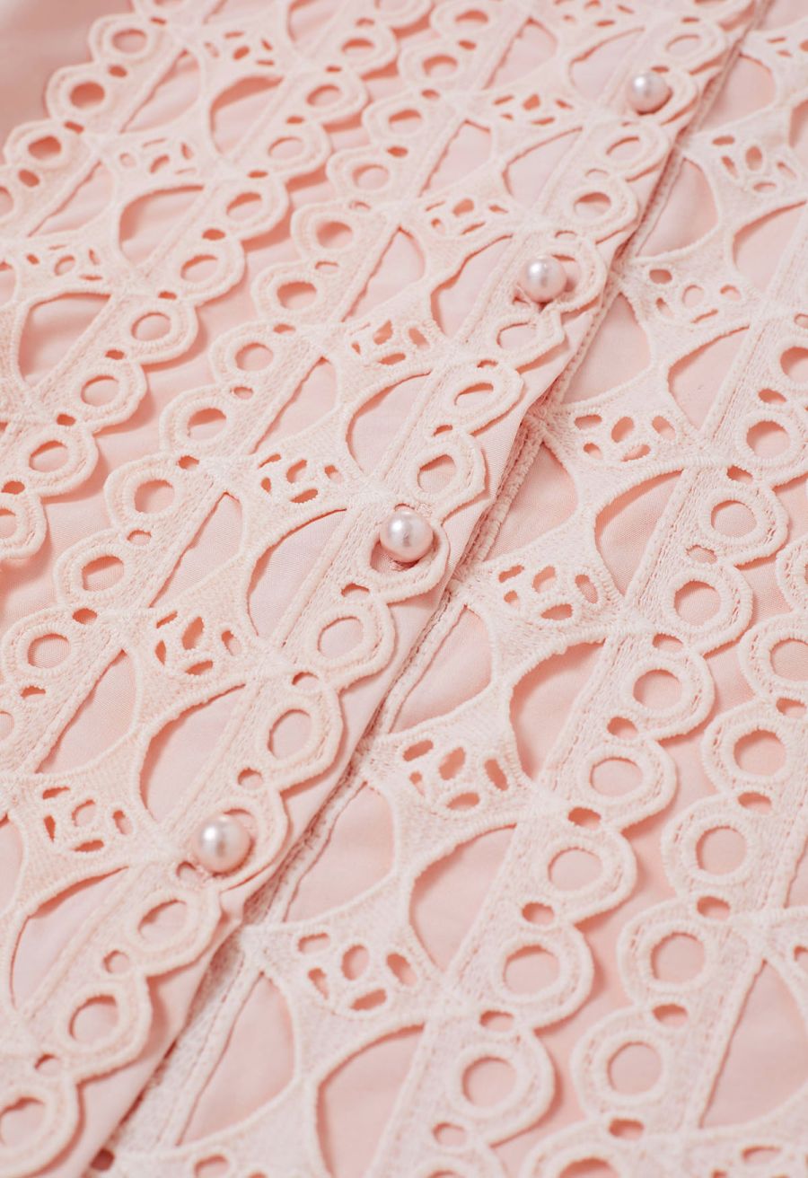 Exquisite Cutwork Bubble Sleeves Button-Up Shirt in Pink