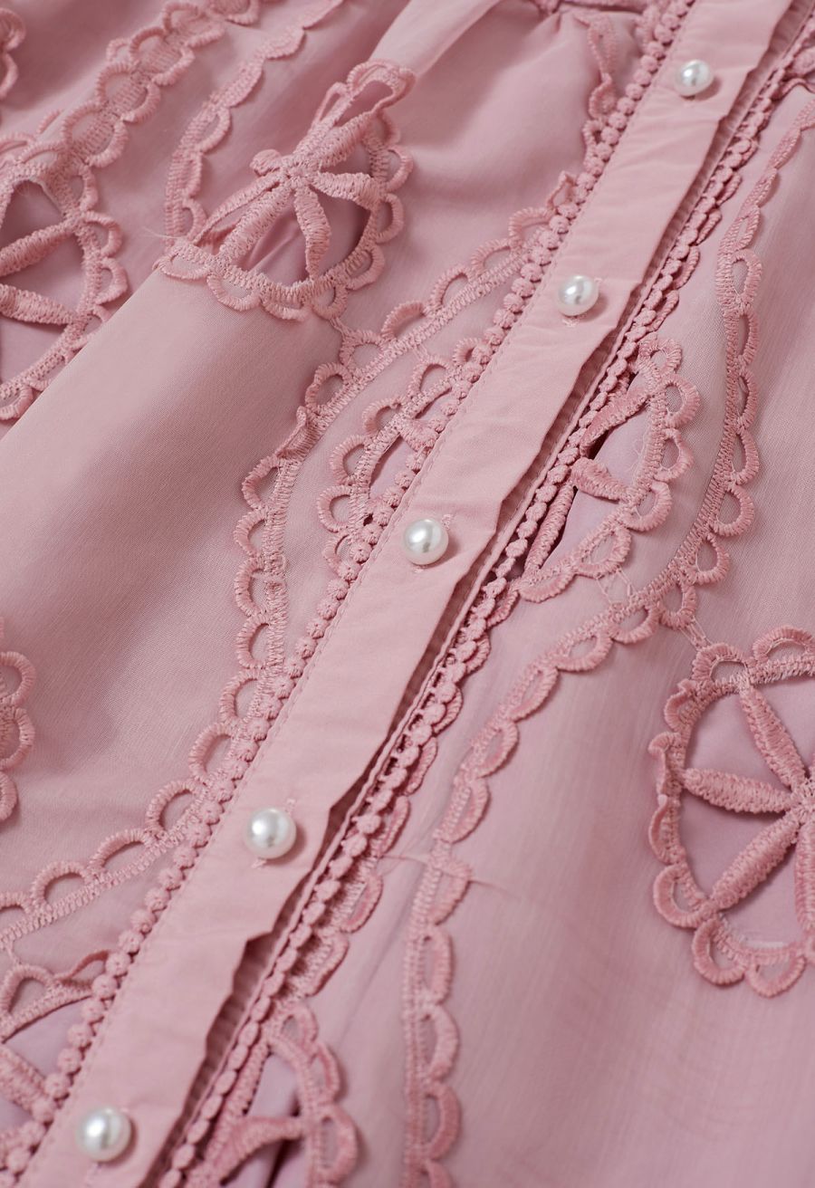 Cutwork Crochet Button Down Midi Dress in Pink