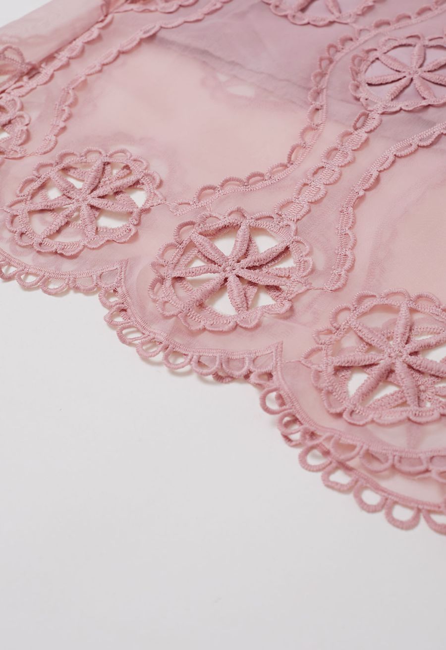 Cutwork Crochet Button Down Midi Dress in Pink
