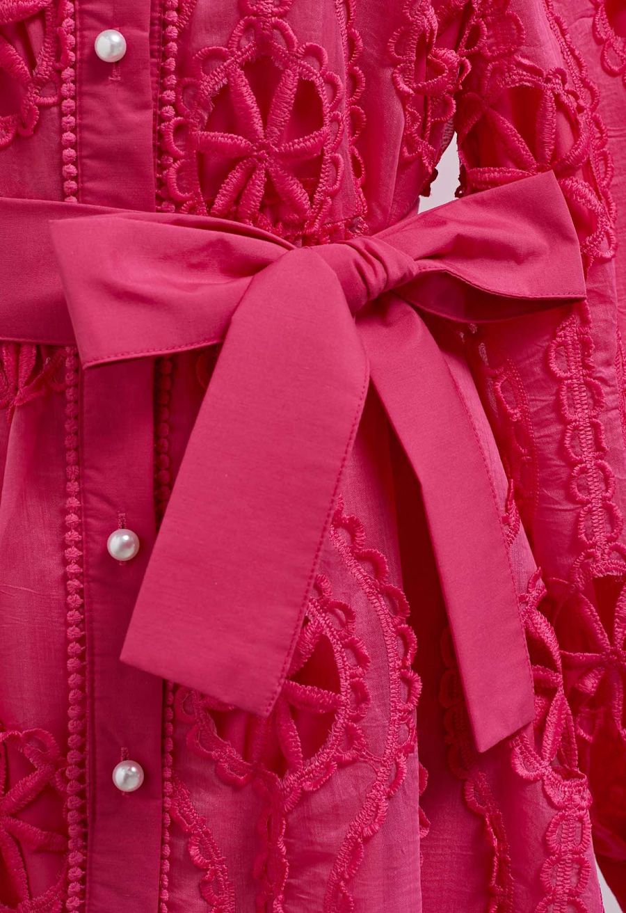 Cutwork Crochet Button Down Midi Dress in Hot Pink