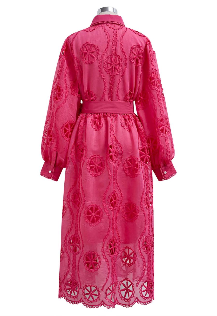 Cutwork Crochet Button Down Midi Dress in Hot Pink