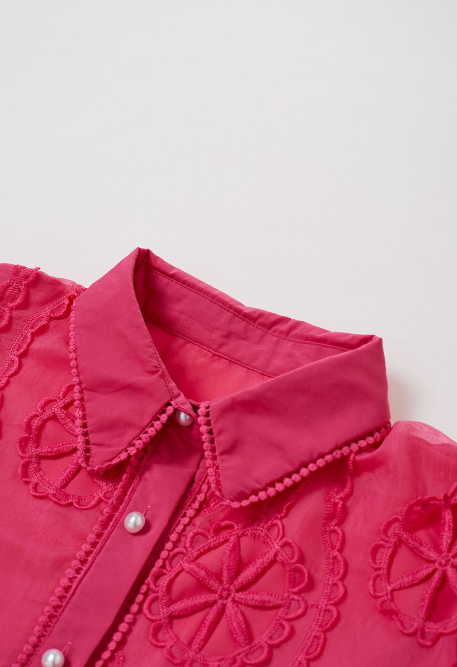 Cutwork Crochet Button Down Midi Dress in Hot Pink