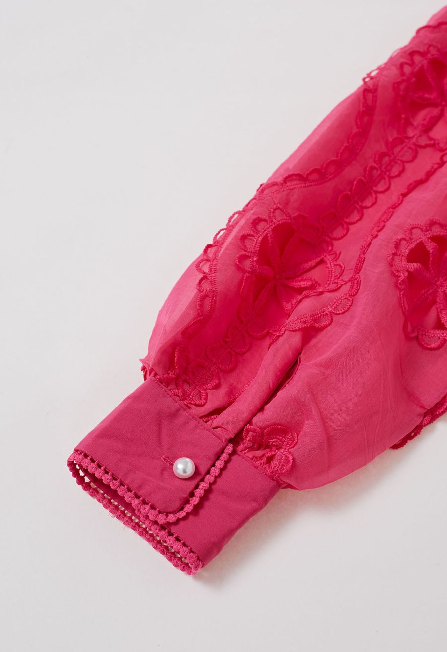 Cutwork Crochet Button Down Midi Dress in Hot Pink