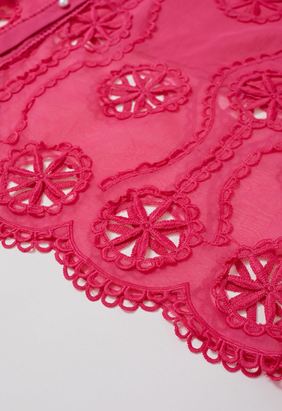 Cutwork Crochet Button Down Midi Dress in Hot Pink