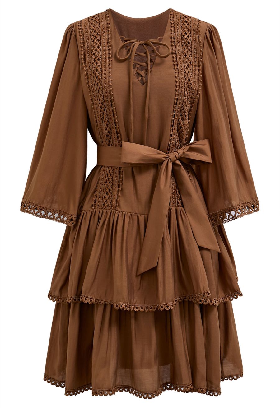 Cutwork Trim Flare Sleeve Tiered Dress in Caramel