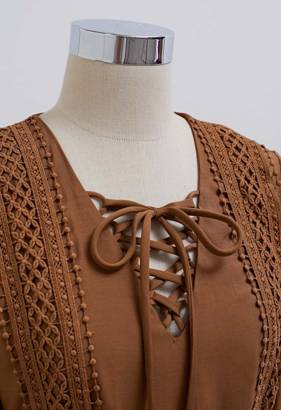 Cutwork Trim Flare Sleeve Tiered Dress in Caramel