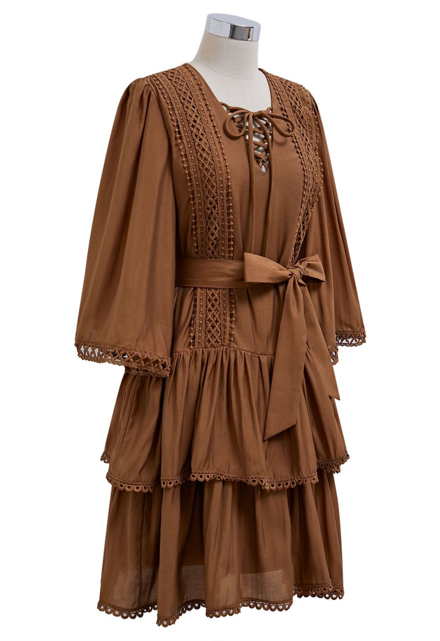 Cutwork Trim Flare Sleeve Tiered Dress in Caramel