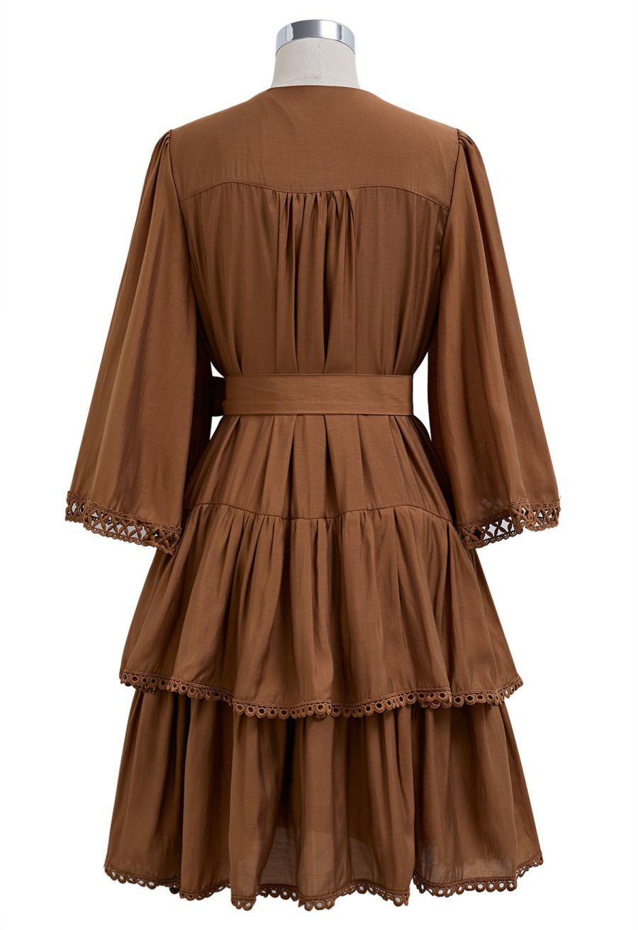 Cutwork Trim Flare Sleeve Tiered Dress in Caramel
