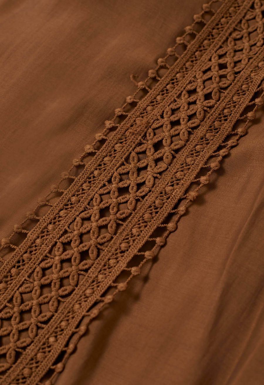 Cutwork Trim Flare Sleeve Tiered Dress in Caramel