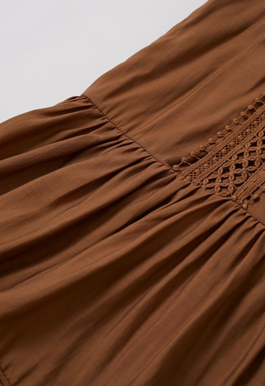 Cutwork Trim Flare Sleeve Tiered Dress in Caramel