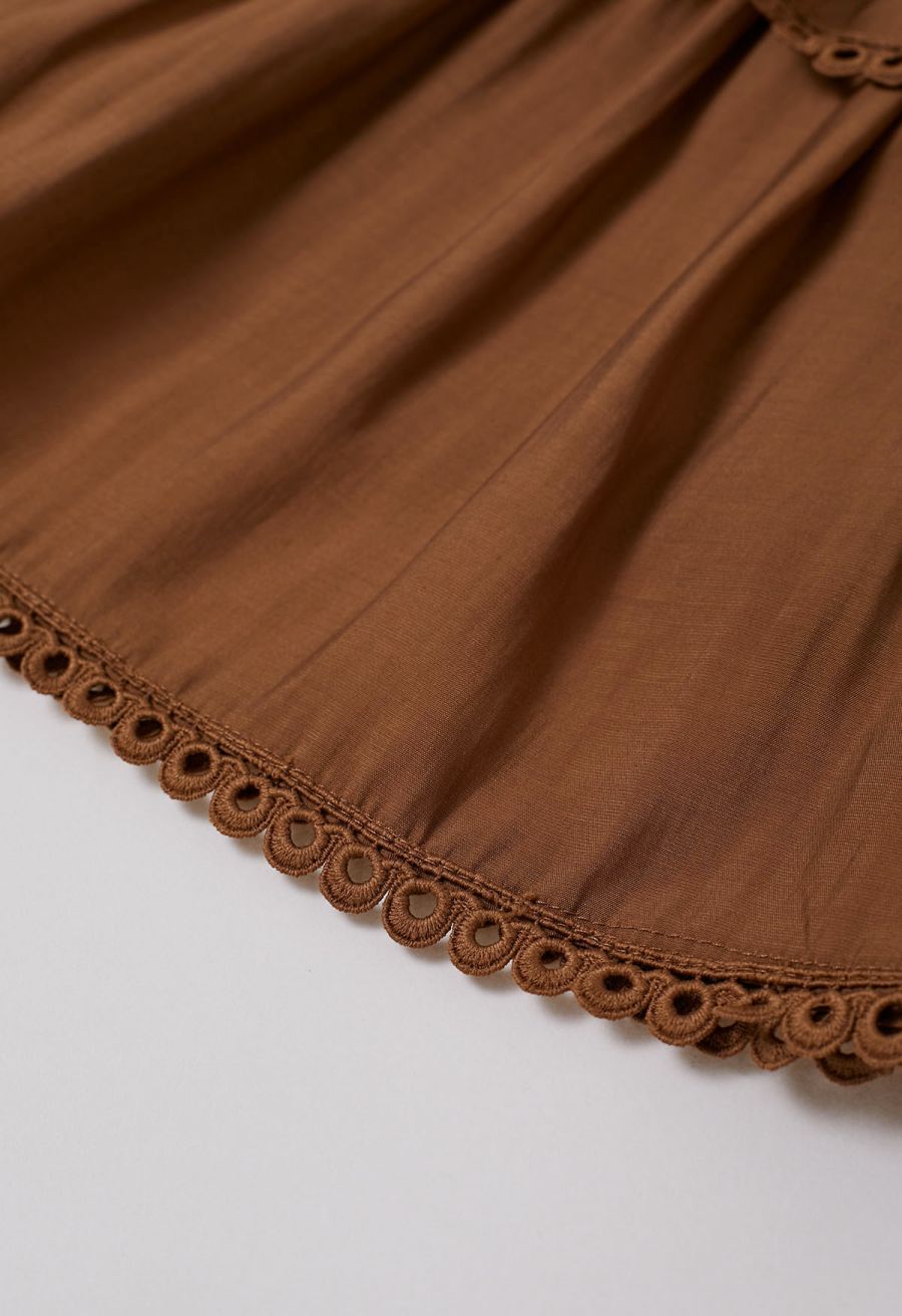 Cutwork Trim Flare Sleeve Tiered Dress in Caramel