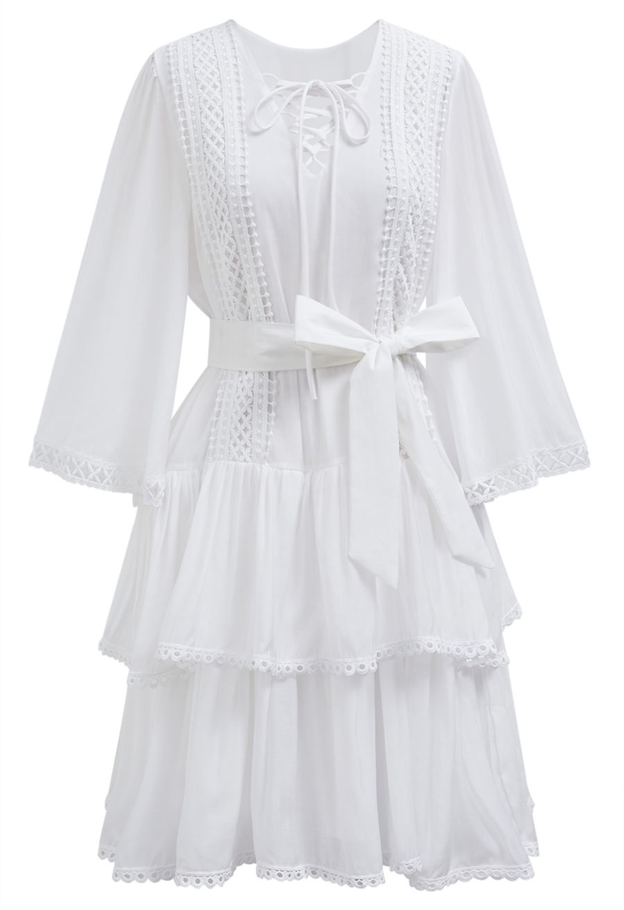 Cutwork Trim Flare Sleeve Tiered Dress in White