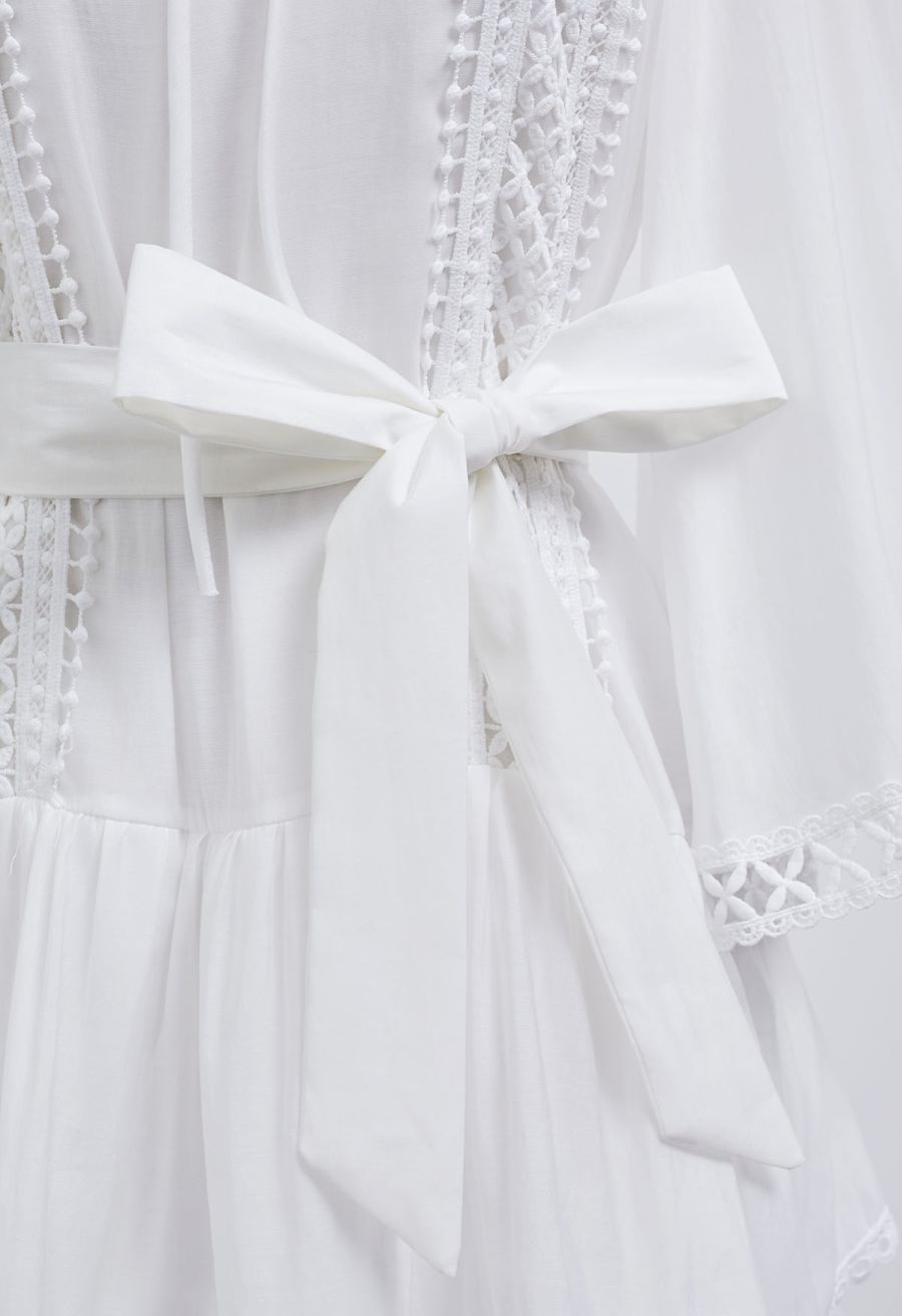 Cutwork Trim Flare Sleeve Tiered Dress in White