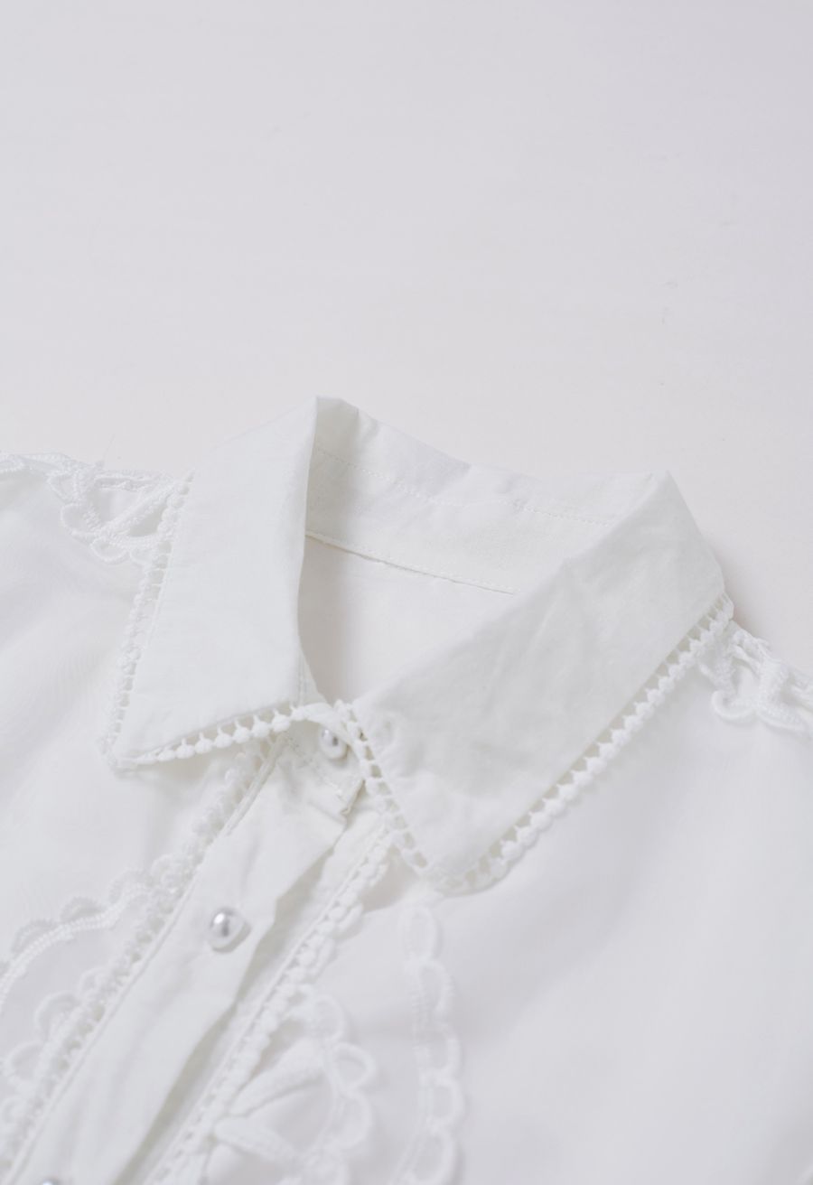 Cutwork Crochet Button Down Midi Dress in White