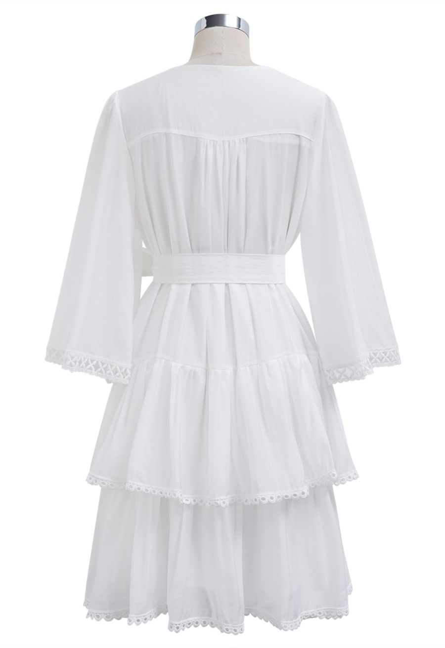 Cutwork Trim Flare Sleeve Tiered Dress in White