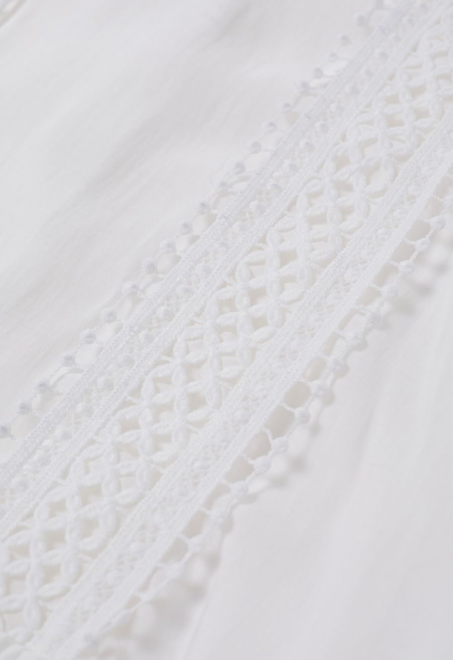 Cutwork Trim Flare Sleeve Tiered Dress in White