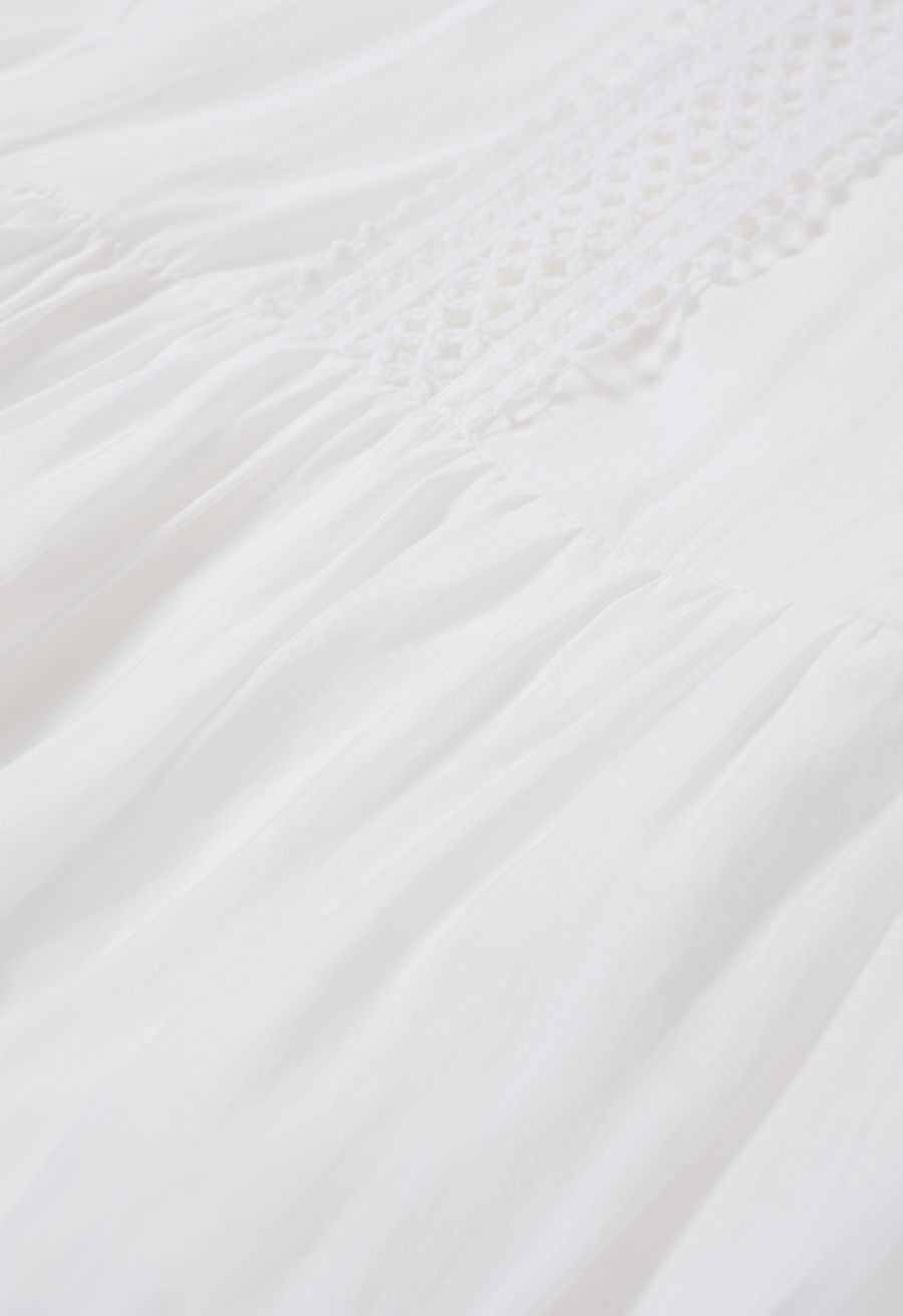 Cutwork Trim Flare Sleeve Tiered Dress in White