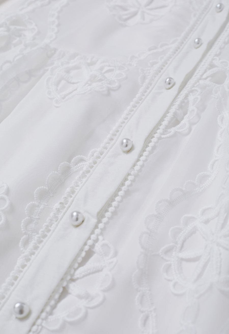 Cutwork Crochet Button Down Midi Dress in White