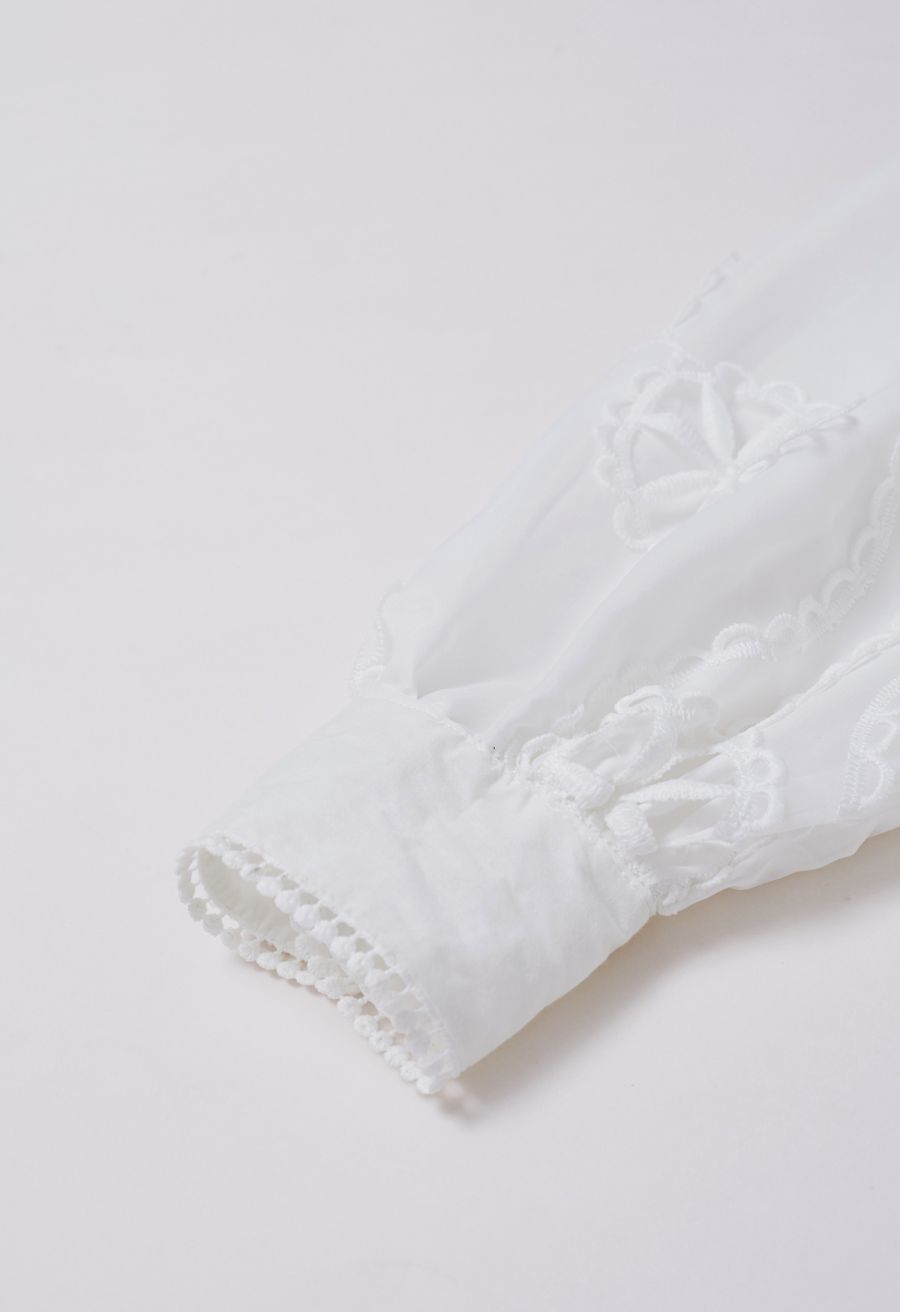 Cutwork Crochet Button Down Midi Dress in White