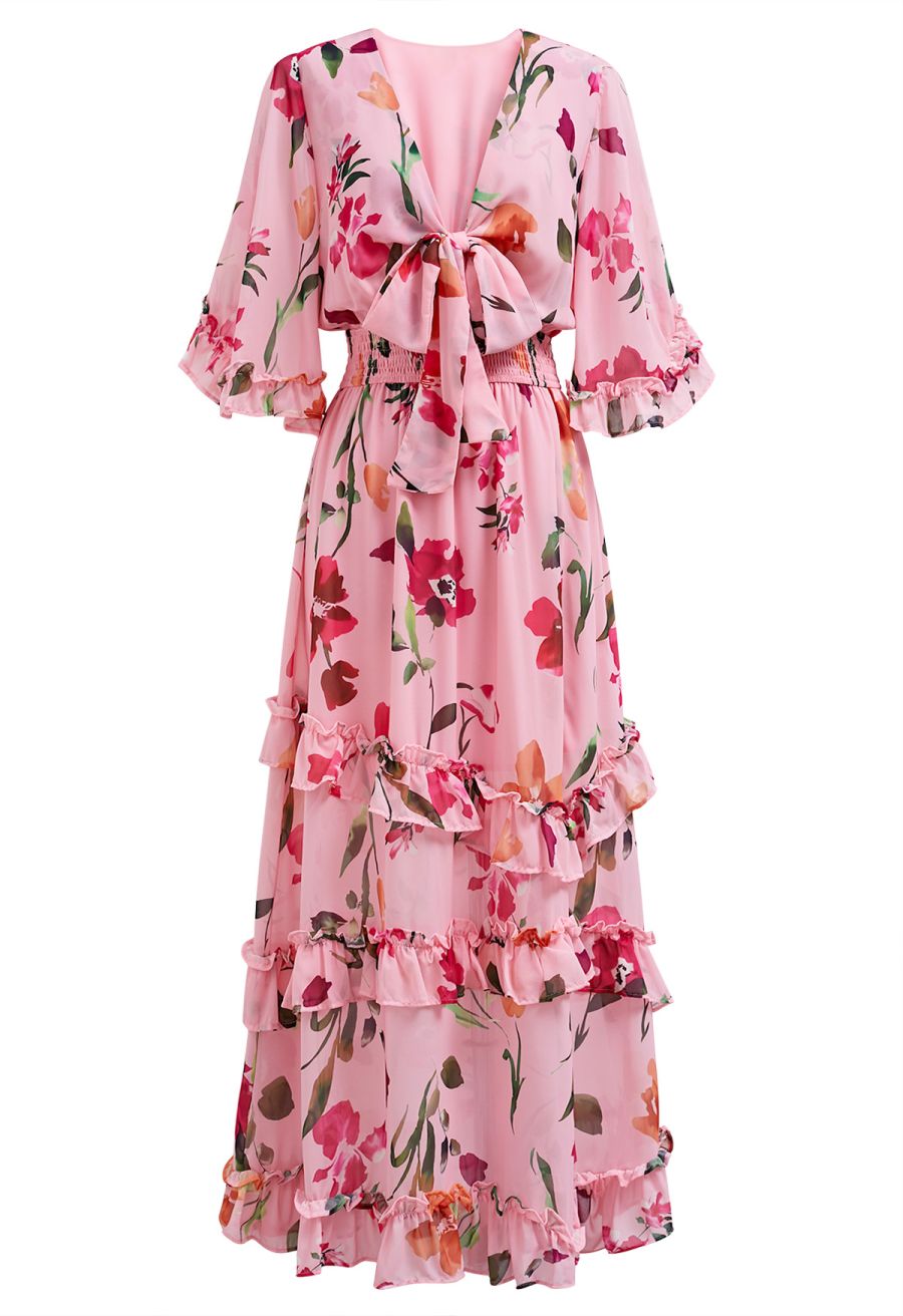Pink Blossom Tie-Front V-Neck Maxi Dress