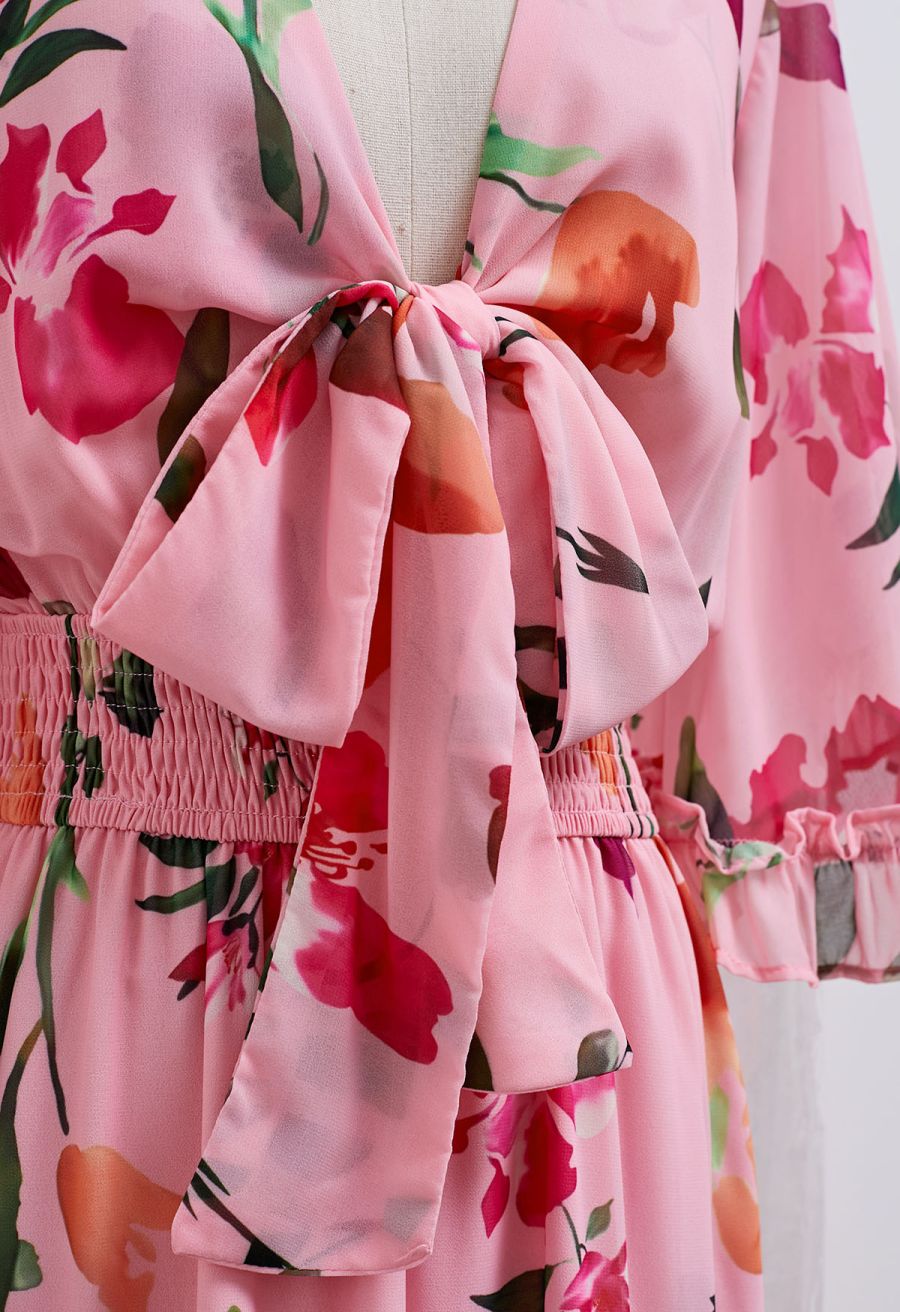 Pink Blossom Tie-Front V-Neck Maxi Dress