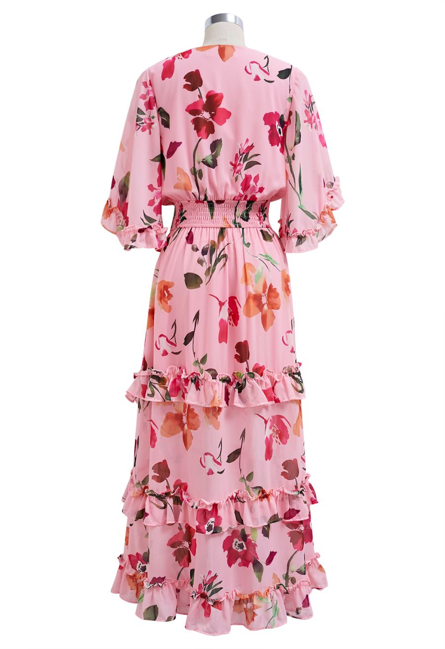 Pink Blossom Tie-Front V-Neck Maxi Dress